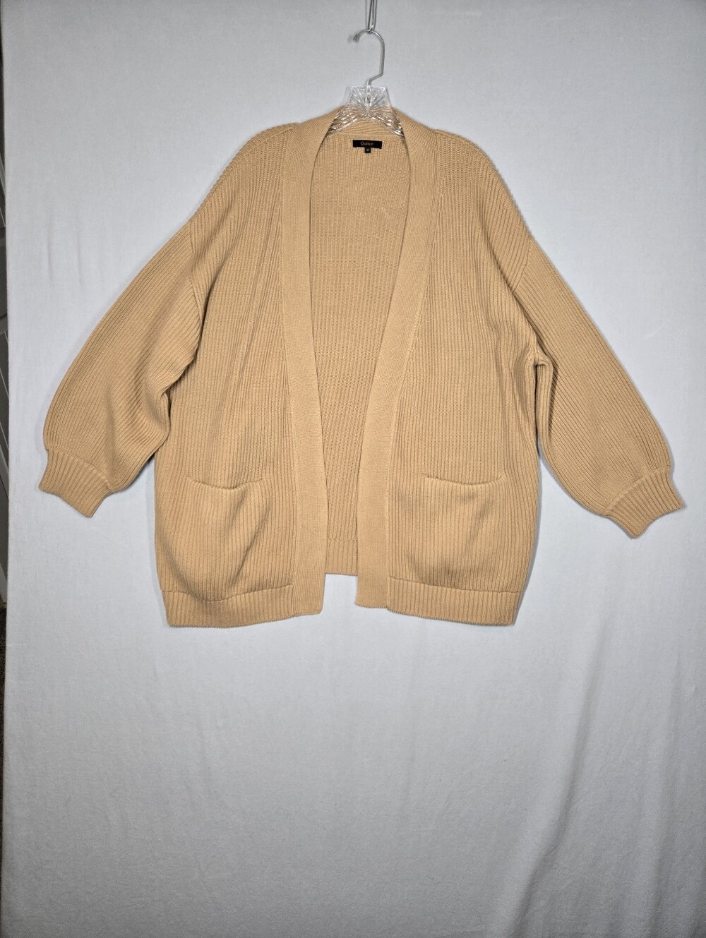 Quince Organic Cotton Oversized Cardigan 1X Camel Open Sweater Pockets Chunky